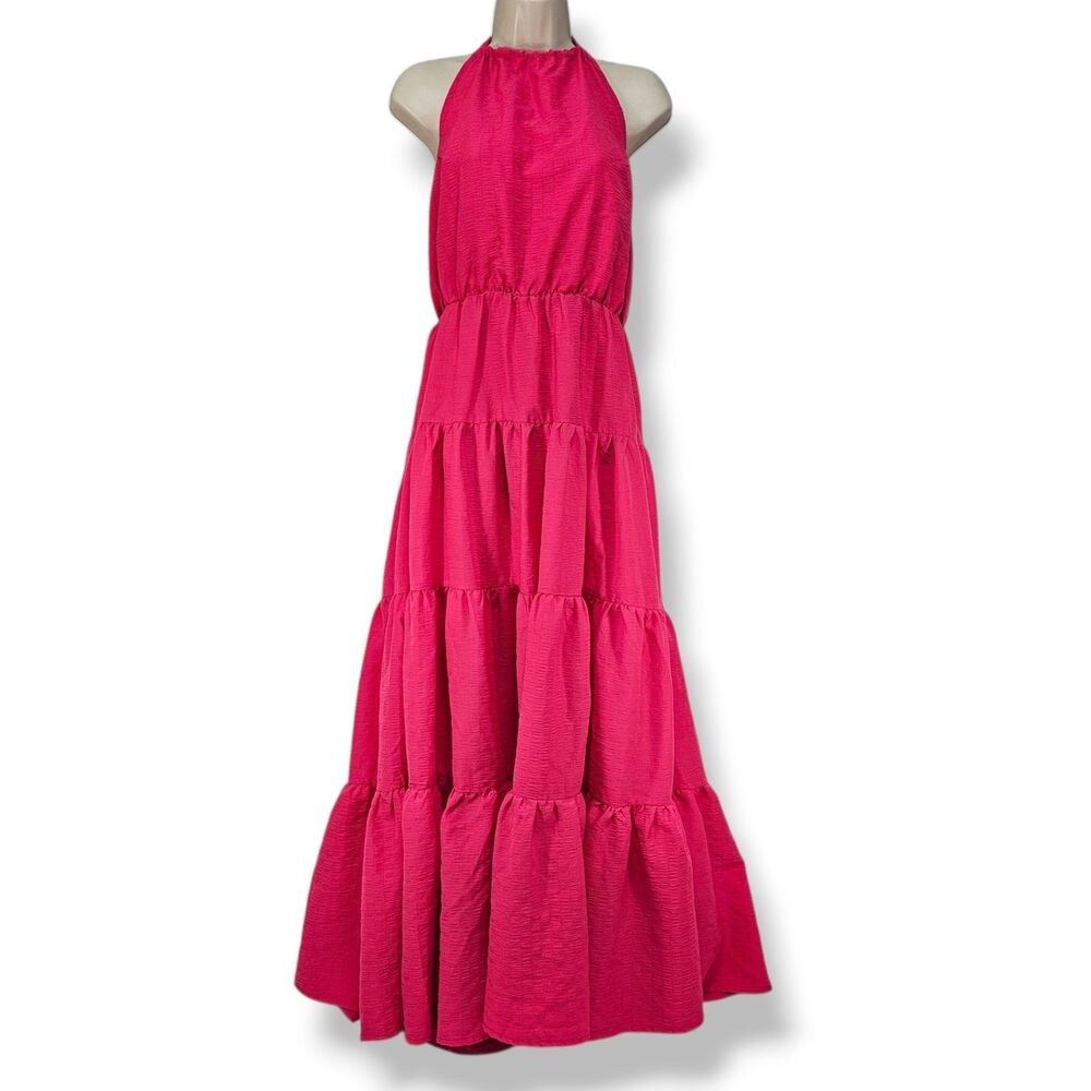 Hudson Gray Fuchsia Pink Halter Neck Tiered Maxi Dress Boho Resort Open Back L